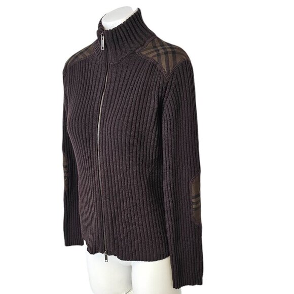 Burberry London Womens Merino Wool Zip Up Sweater Small Elbow Patch Nova Check - Picture 2 of 11